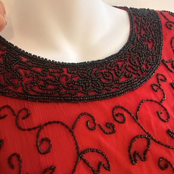 Vintage Stenay Red Silk Beaded Top | L | Holiday Party & Cocktail Blouse - Picture 5 of 13